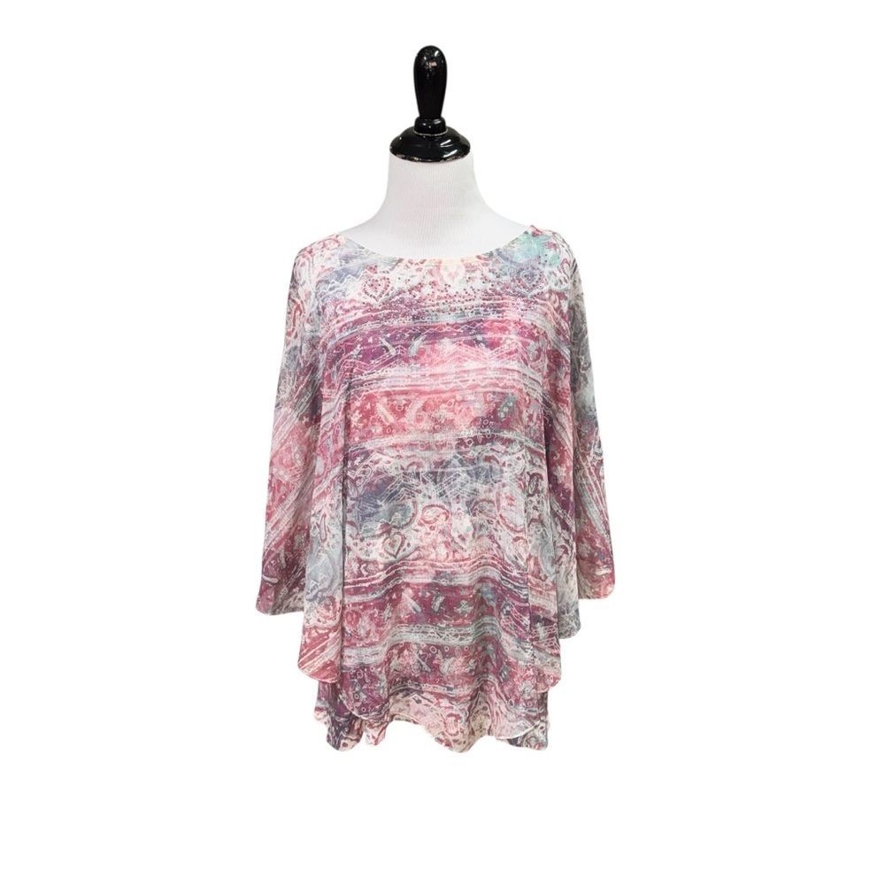 One World Women's L Large Top Chiffon Overlay Rhinestones Poncho Sleeves Layered
